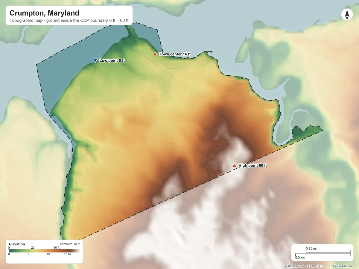 Topographic elevation map of Crumpton, Maryland, shaded from 0 ft on the west side to 60 ft on the southeast side