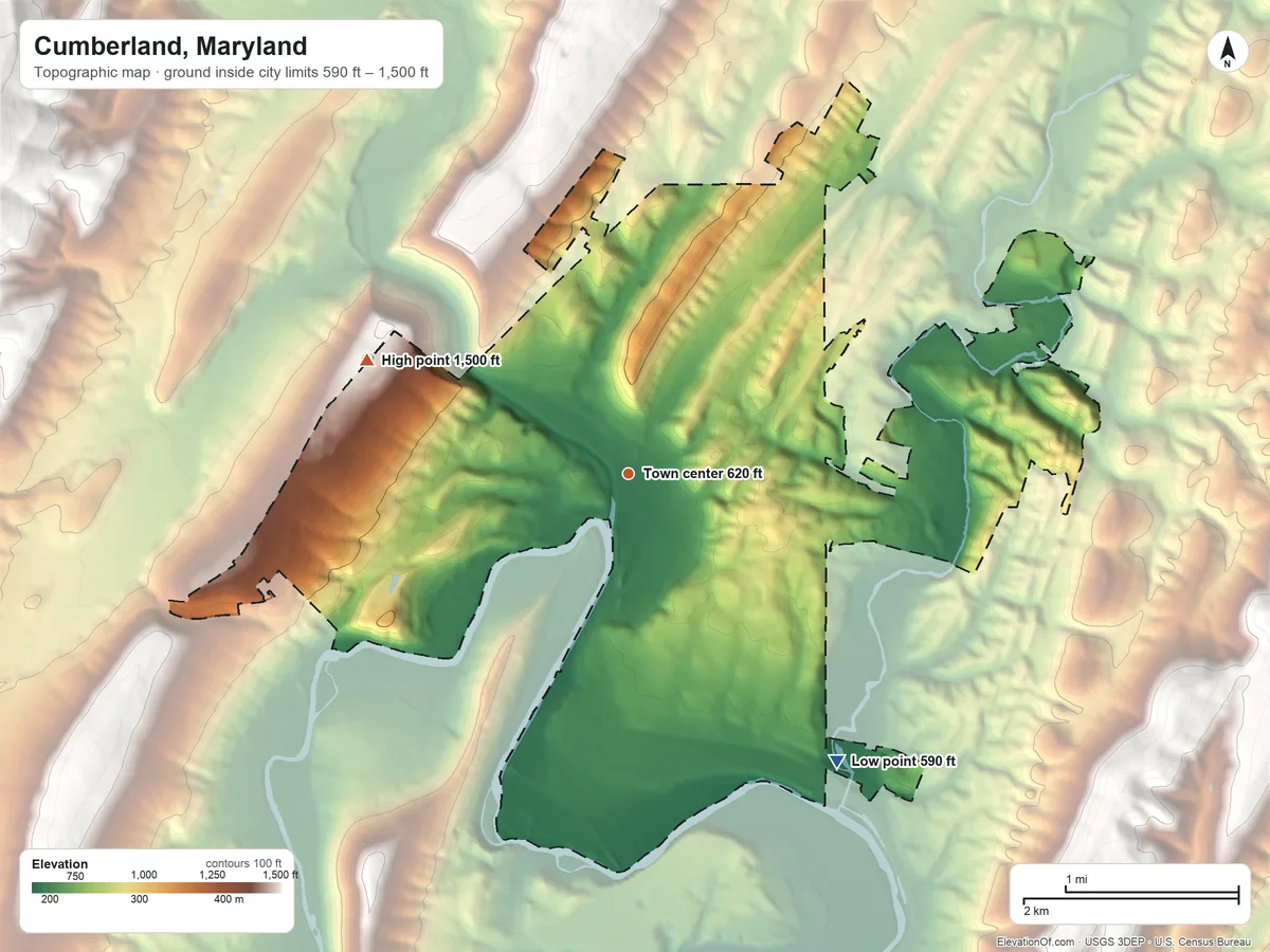 Topographic elevation map of Cumberland, Maryland, shaded from 590 ft on the southeast side to 1,500 ft on the northwest side