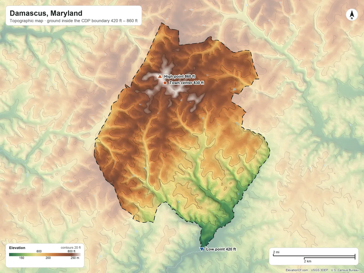 Topographic elevation map of Damascus, Maryland, shaded from 420 ft on the south side to 860 ft near the middle