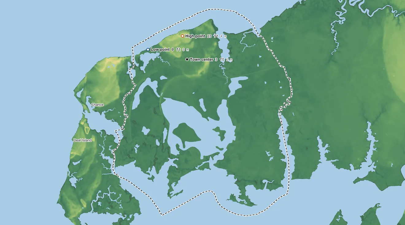 Topographic elevation map of Dames Quarter, Maryland, shaded from sea level level on the Upper Thoroughfare to 13 ft near the middle