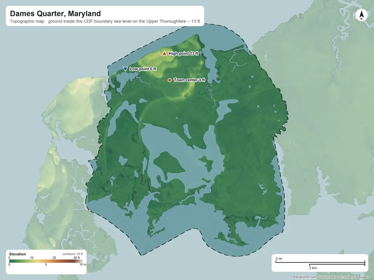 Topographic elevation map of Dames Quarter, Maryland, shaded from sea level level on the Upper Thoroughfare to 13 ft near the middle