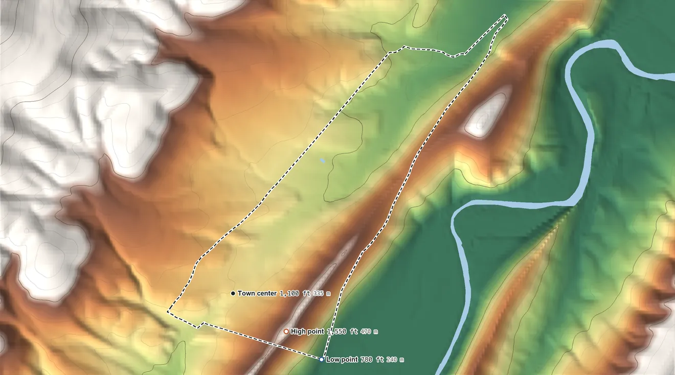 Topographic elevation map of Danville, Maryland, shaded from 780 ft on the southeast side to 1,550 ft on the southeast edge, below higher ground just outside