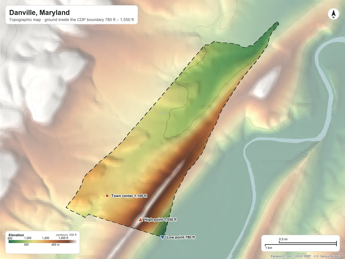 Topographic elevation map of Danville, Maryland, shaded from 780 ft on the southeast side to 1,550 ft on the southeast edge, below higher ground just outside