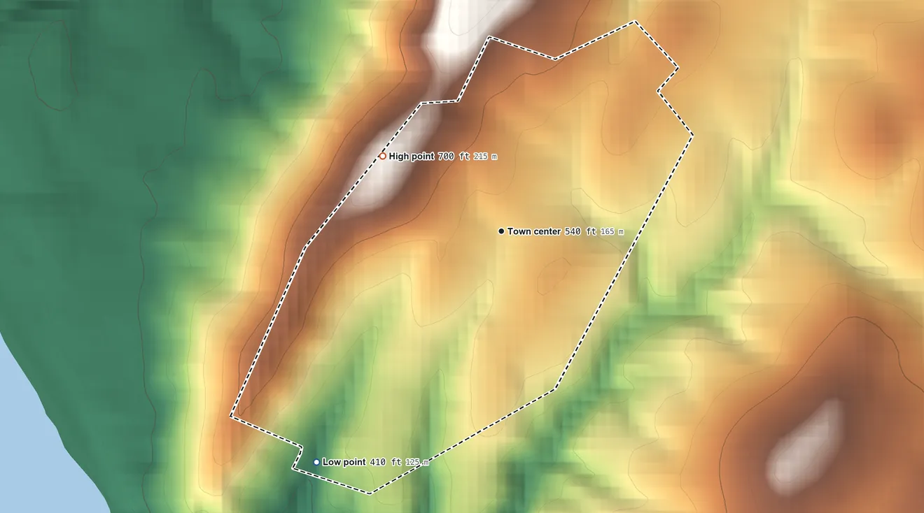 Topographic elevation map of Dargan, Maryland, shaded from 410 ft on the southwest side to 700 ft on the northwest edge, below higher ground just outside