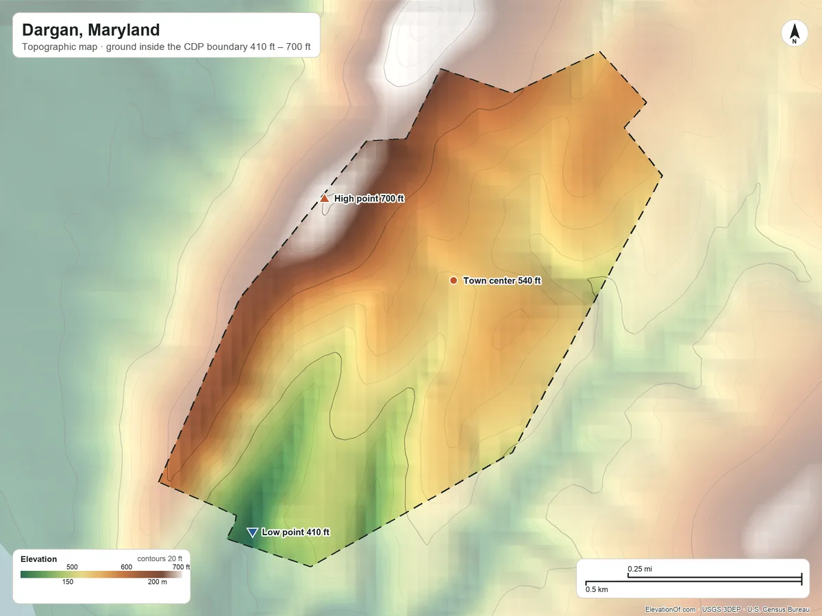 Topographic elevation map of Dargan, Maryland, shaded from 410 ft on the southwest side to 700 ft on the northwest edge, below higher ground just outside