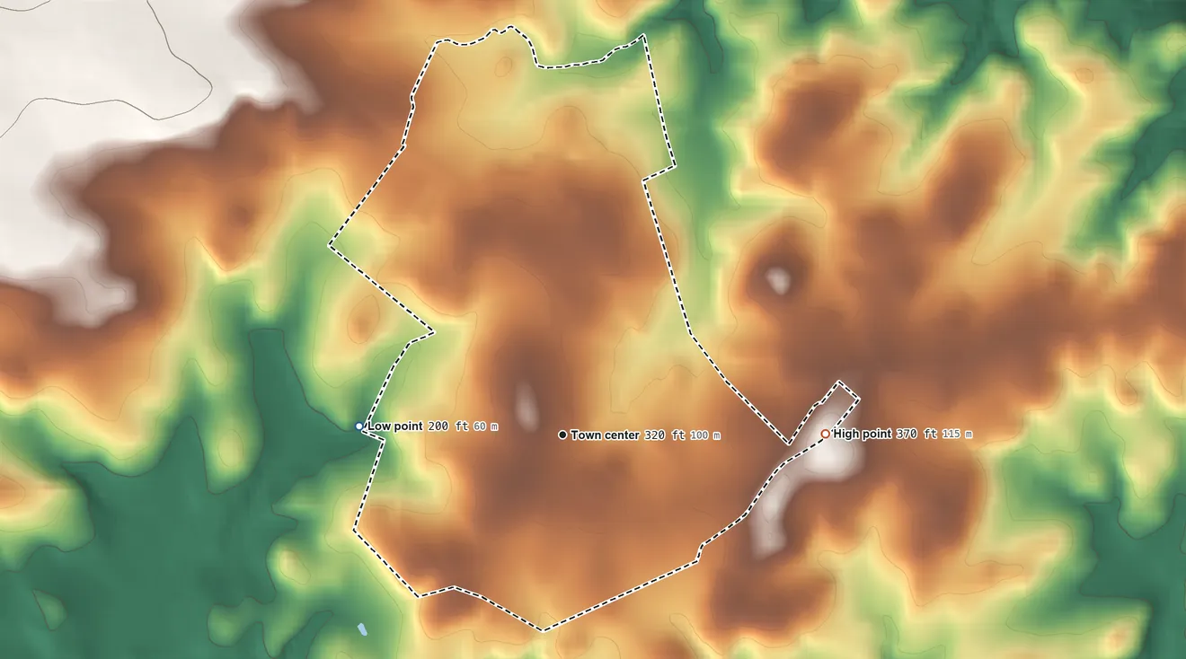 Topographic elevation map of Darlington, Maryland, shaded from 200 ft on the west side to 370 ft on the east side