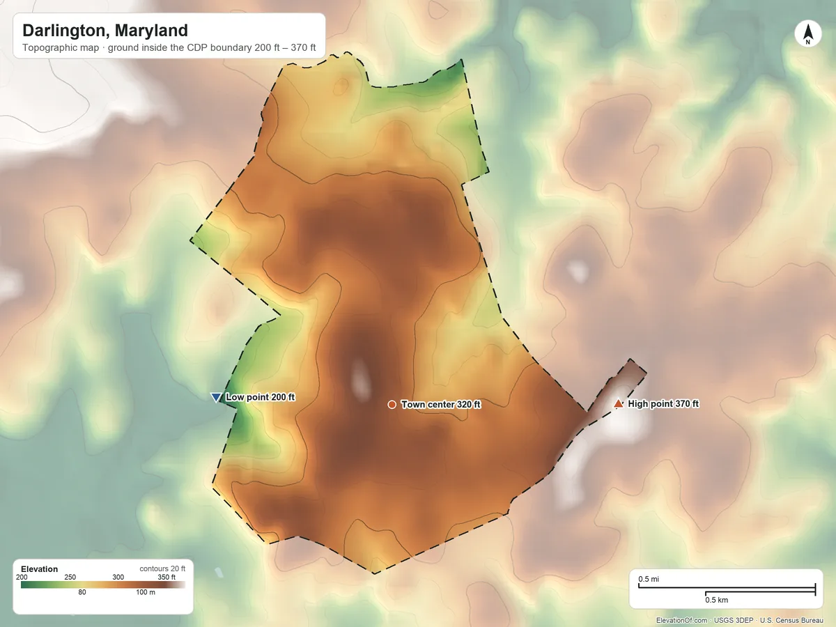 Topographic elevation map of Darlington, Maryland, shaded from 200 ft on the west side to 370 ft on the east side