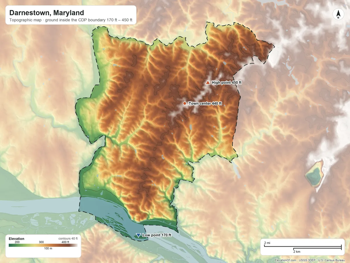Topographic elevation map of Darnestown, Maryland, shaded from 170 ft on the south side to 450 ft on the northeast side