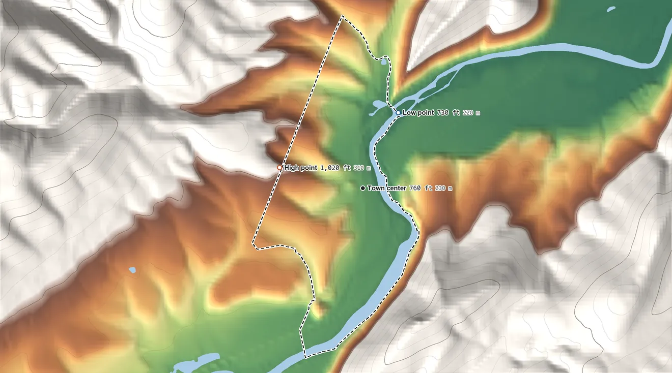 Topographic elevation map of Dawson, Maryland, shaded from 730 ft on the northeast side to 1,020 ft on the west edge, below higher ground just outside