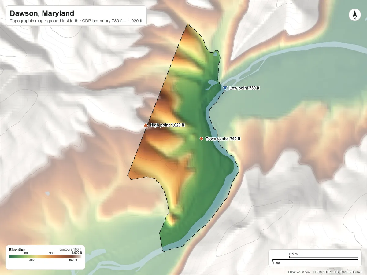 Topographic elevation map of Dawson, Maryland, shaded from 730 ft on the northeast side to 1,020 ft on the west edge, below higher ground just outside