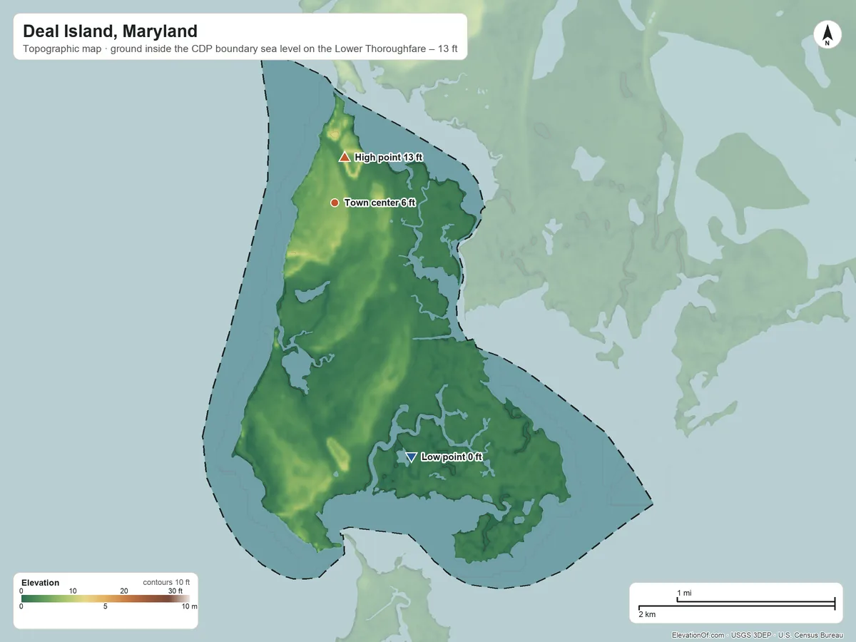 Topographic elevation map of Deal Island, Maryland, shaded from sea level level on the Lower Thoroughfare to 13 ft near the middle