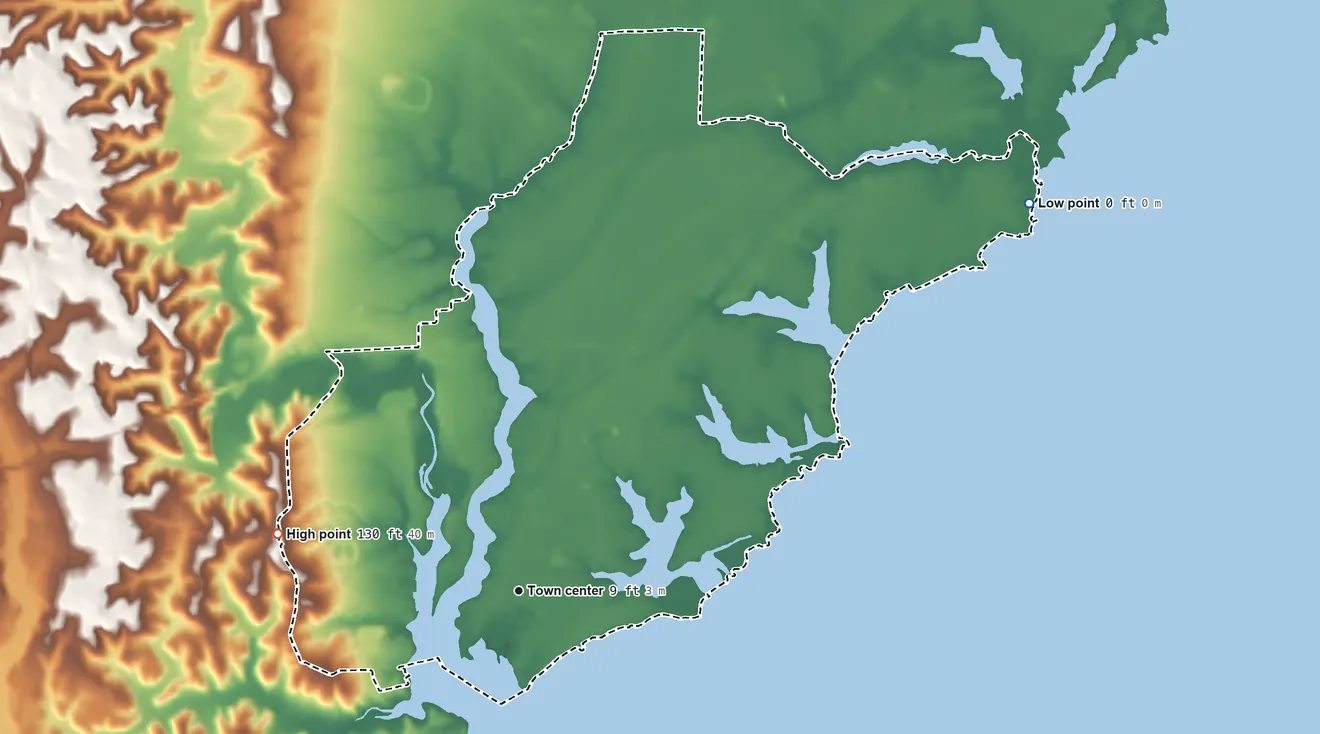 Topographic elevation map of Deale, Maryland, shaded from sea level level on Chesapeake Bay to 130 ft on the west side