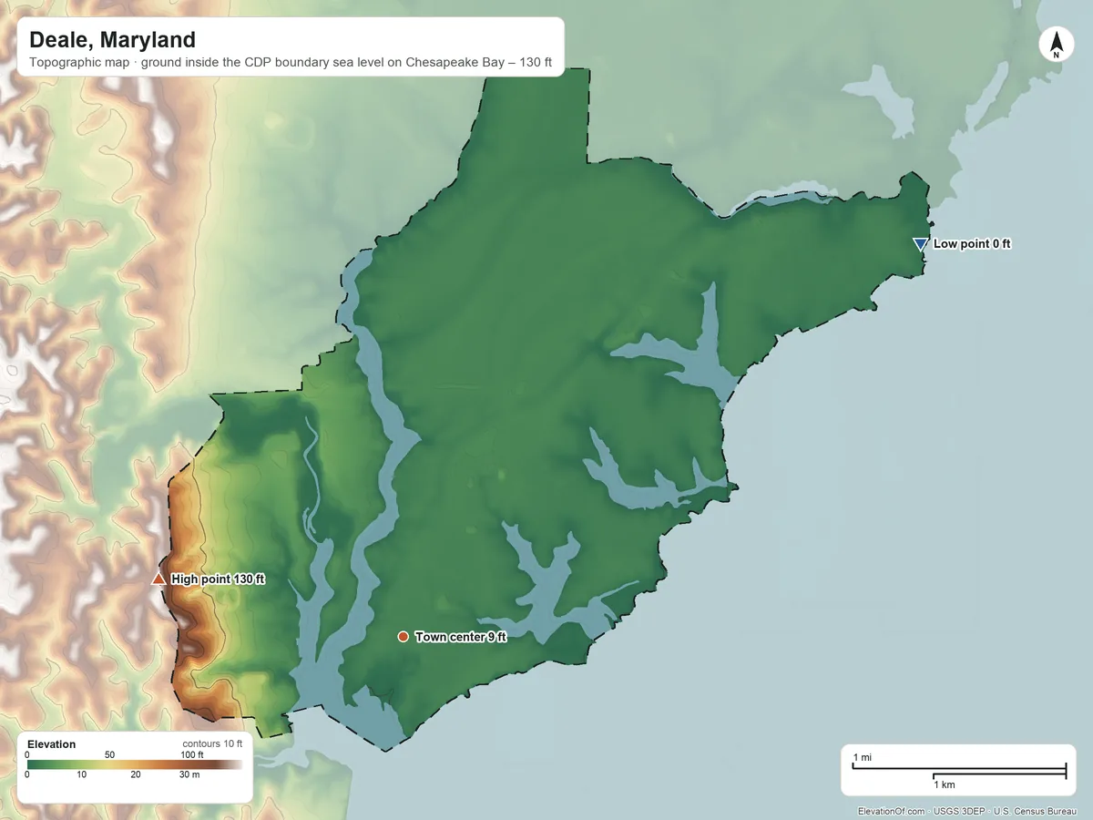Topographic elevation map of Deale, Maryland, shaded from sea level level on Chesapeake Bay to 130 ft on the west side
