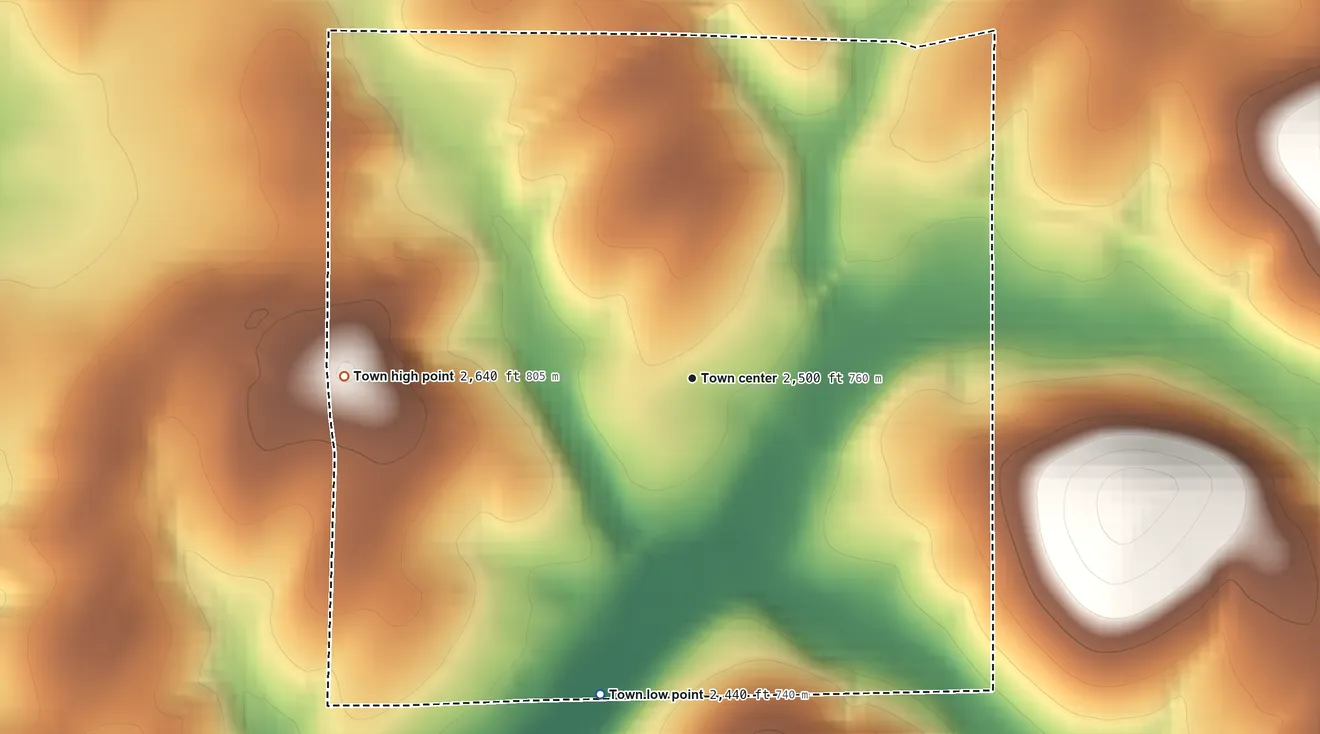 Topographic elevation map of Deer Park, Maryland, shaded from 2,440 ft on the south side to 2,640 ft on the west side