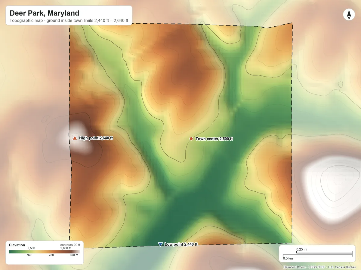 Topographic elevation map of Deer Park, Maryland, shaded from 2,440 ft on the south side to 2,640 ft on the west side