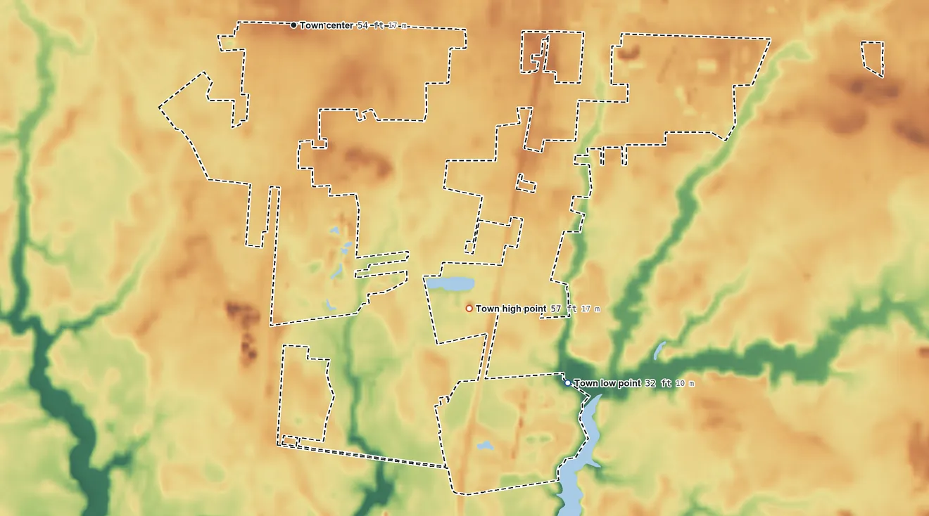 Topographic elevation map of Delmar, Maryland, shaded from 32 ft on the southeast side to 57 ft on the southeast side