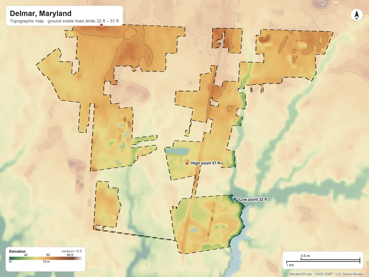 Topographic elevation map of Delmar, Maryland, shaded from 32 ft on the southeast side to 57 ft on the southeast side