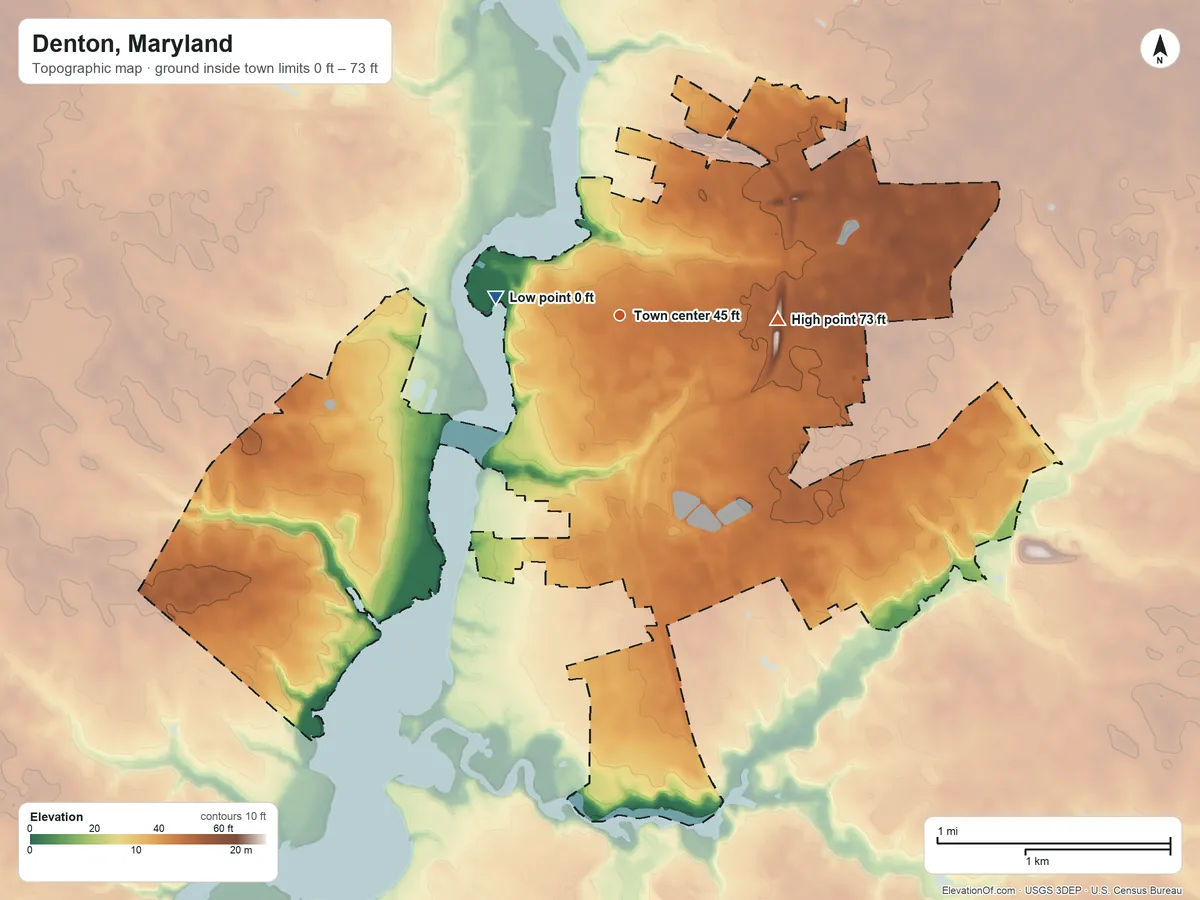 Topographic elevation map of Denton, Maryland, shaded from 0 ft on the west side to 73 ft on the east side