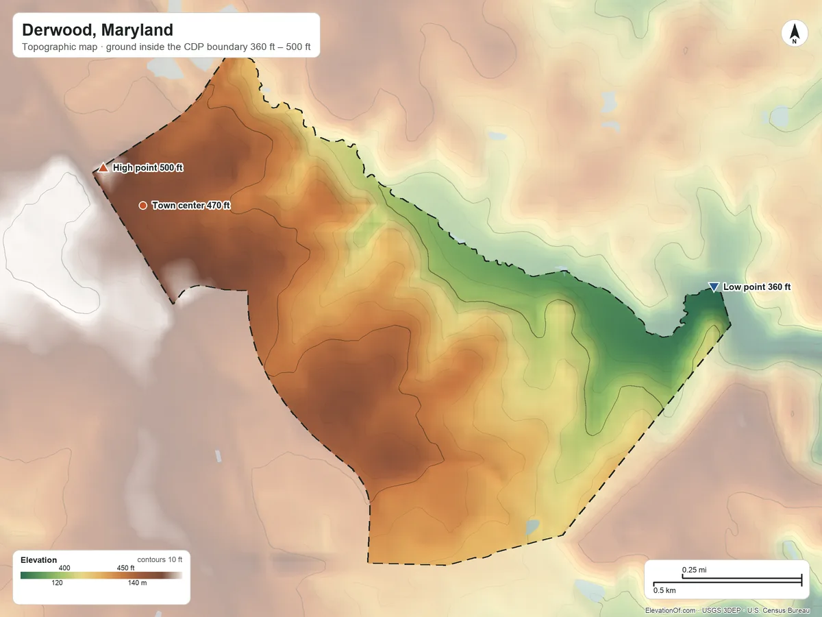 Topographic elevation map of Derwood, Maryland, shaded from 360 ft on the east side to 500 ft near the middle