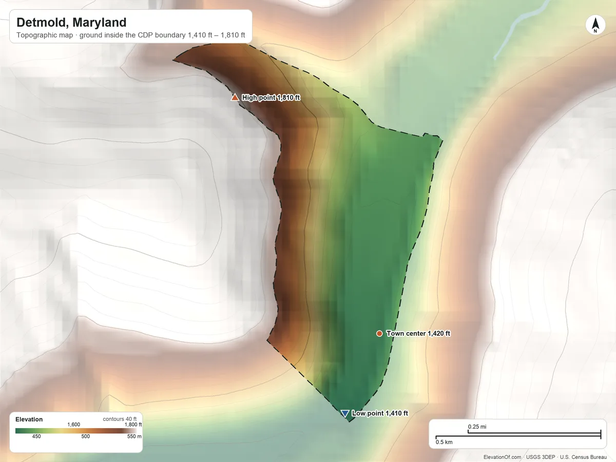 Topographic elevation map of Detmold, Maryland, shaded from 1,410 ft on the southwest side to 1,810 ft on the northwest edge, below higher ground just outside