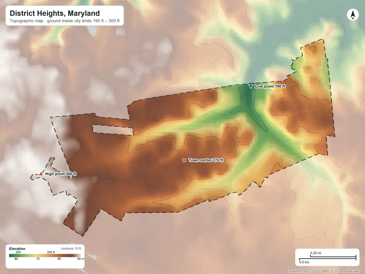 Topographic elevation map of District Heights, Maryland, shaded from 190 ft on the northeast side to 300 ft on the west side