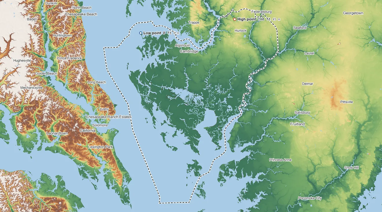 Topographic elevation map of Dorchester County, Maryland, shaded from sea level on the Little Choptank River to 140 ft on the northeast side
