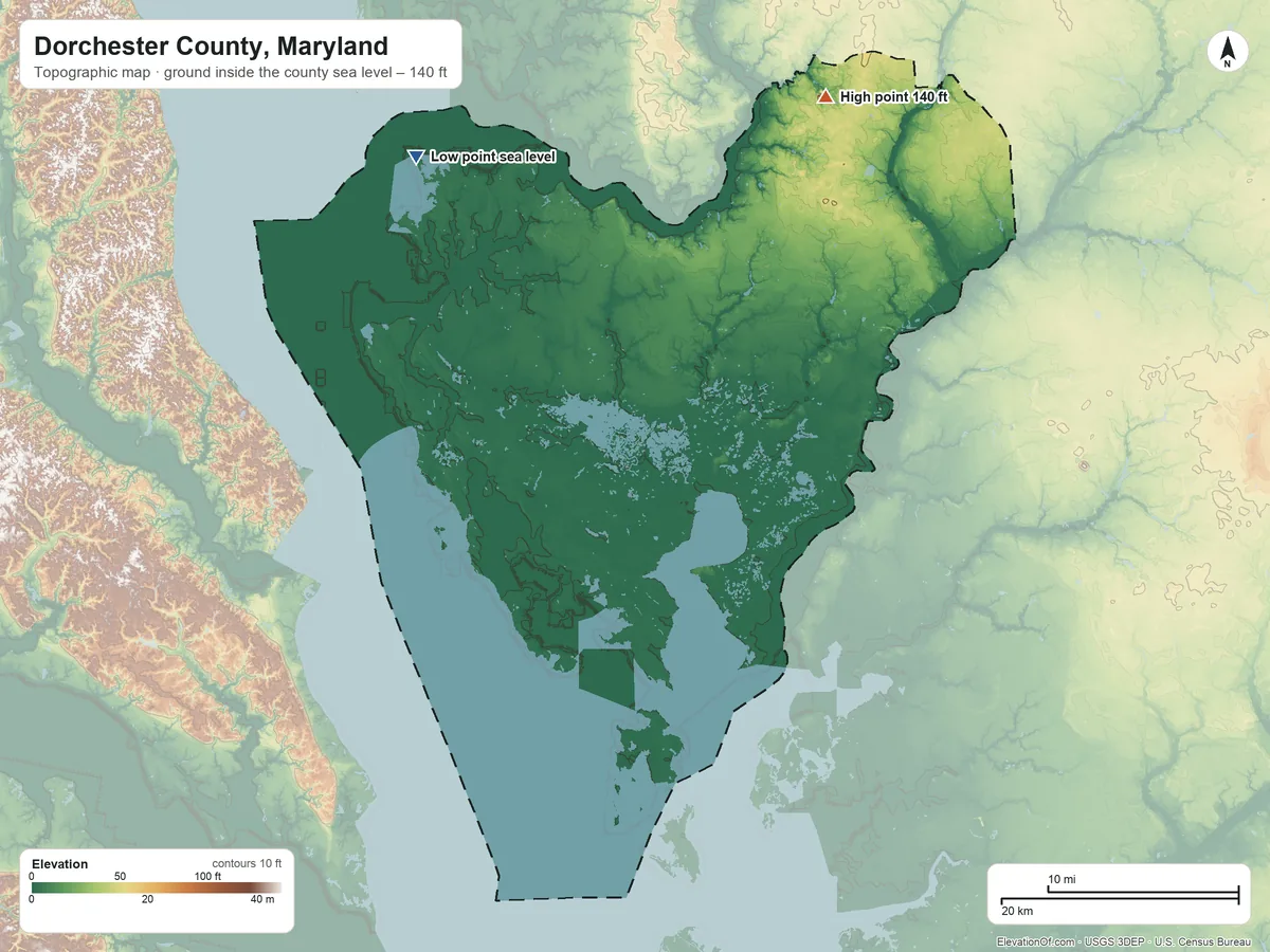 Topographic elevation map of Dorchester County, Maryland, shaded from sea level on the Little Choptank River to 140 ft on the northeast side