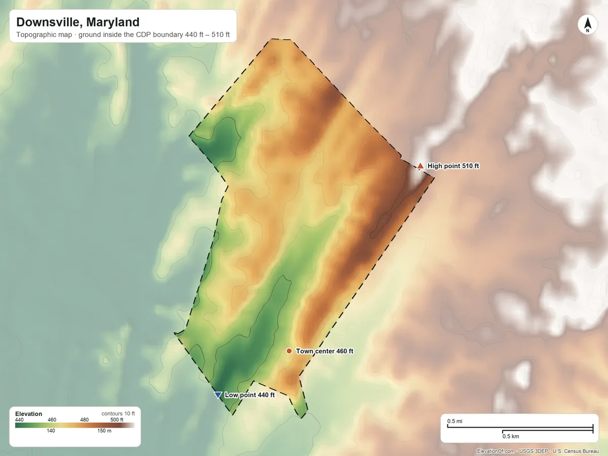 Topographic elevation map of Downsville, Maryland, shaded from 440 ft on the southwest side to 510 ft on the northeast side