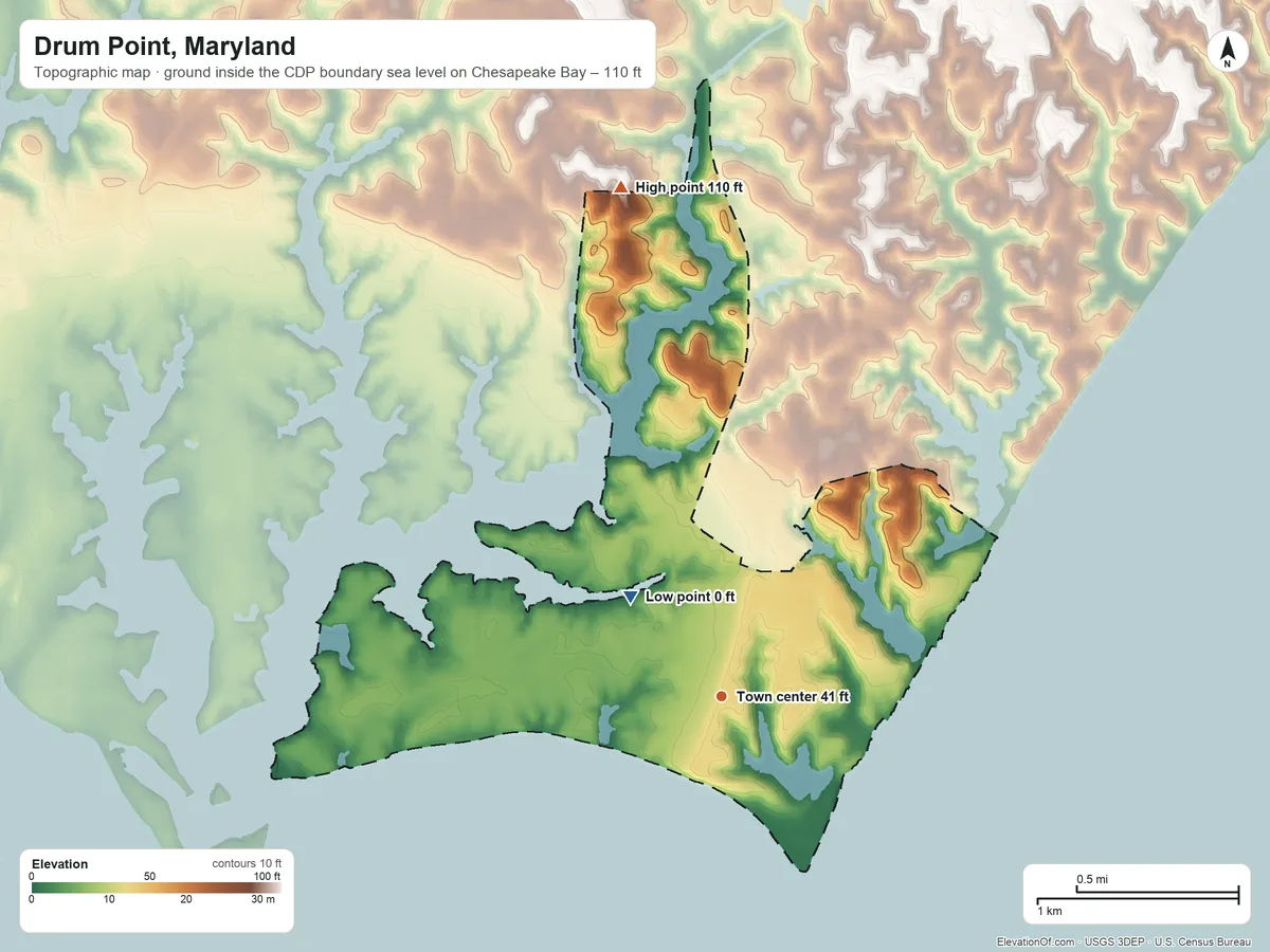 Topographic elevation map of Drum Point, Maryland, shaded from sea level level on Chesapeake Bay to 110 ft on the north side
