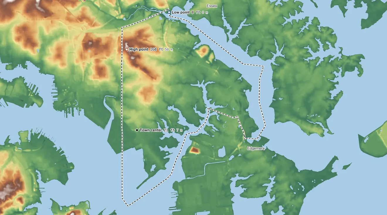 Topographic elevation map of Dundalk, Maryland, shaded from sea level level on the Back River to 160 ft on the north side