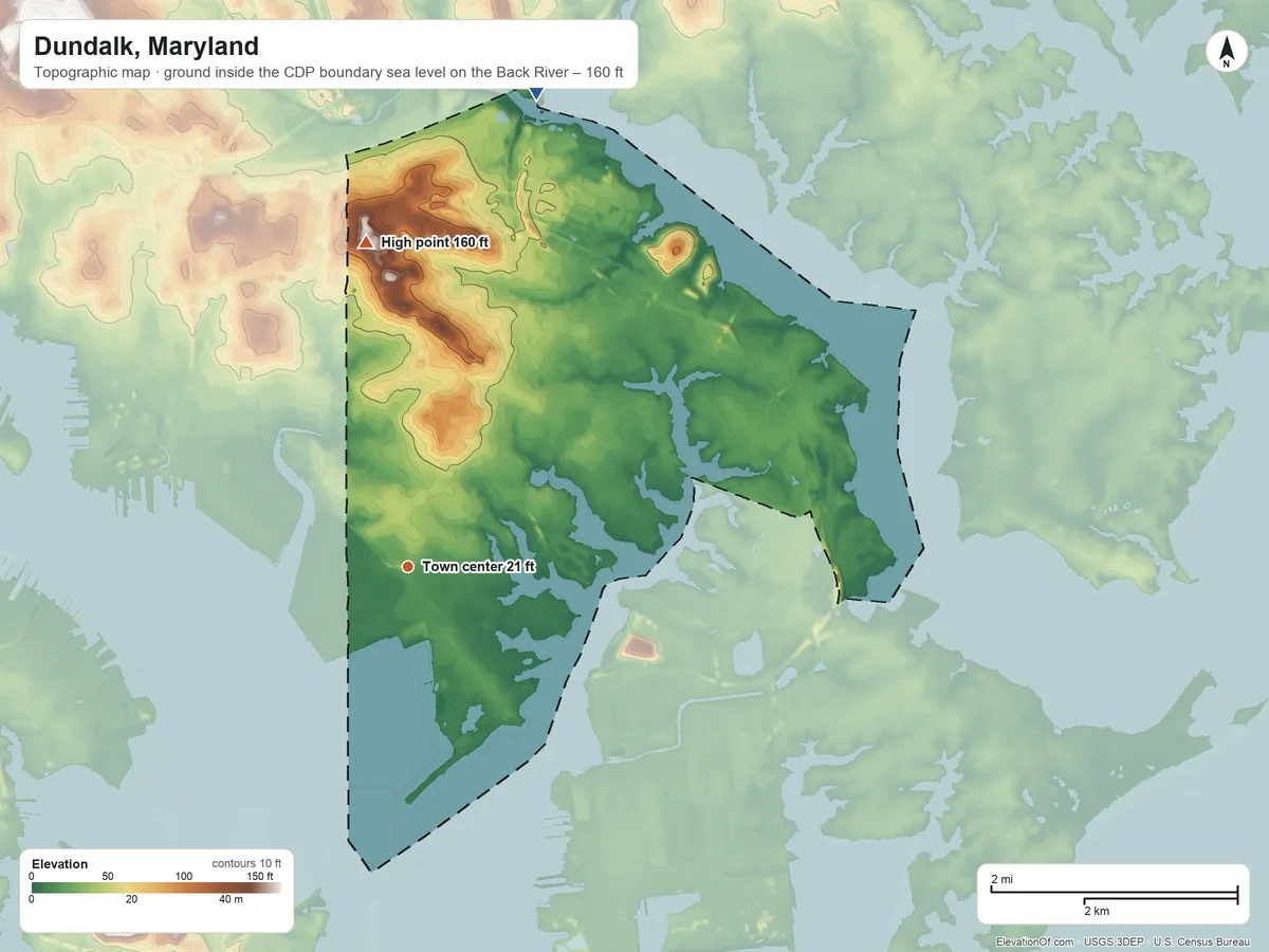Topographic elevation map of Dundalk, Maryland, shaded from sea level level on the Back River to 160 ft on the north side