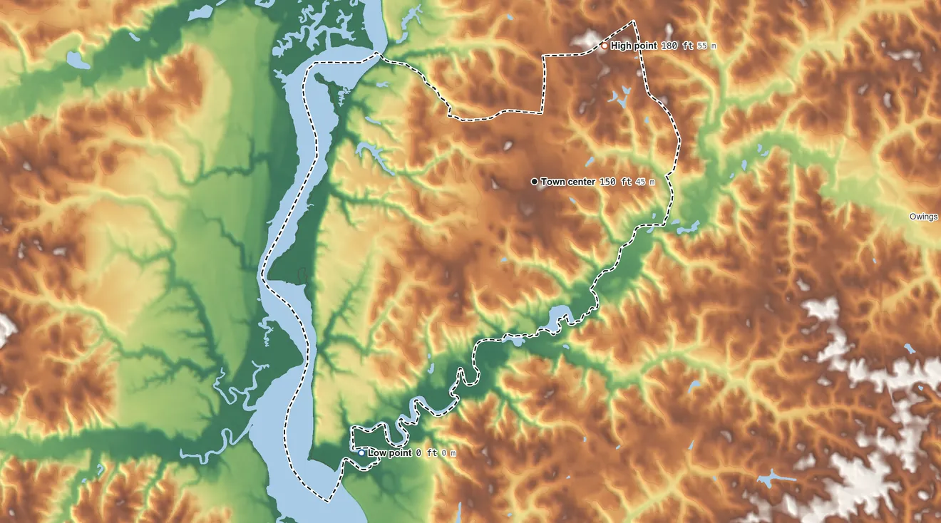 Topographic elevation map of Dunkirk, Maryland, shaded from 0 ft on the southwest side to 180 ft on the northeast side