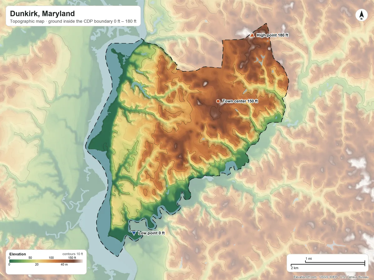 Topographic elevation map of Dunkirk, Maryland, shaded from 0 ft on the southwest side to 180 ft on the northeast side