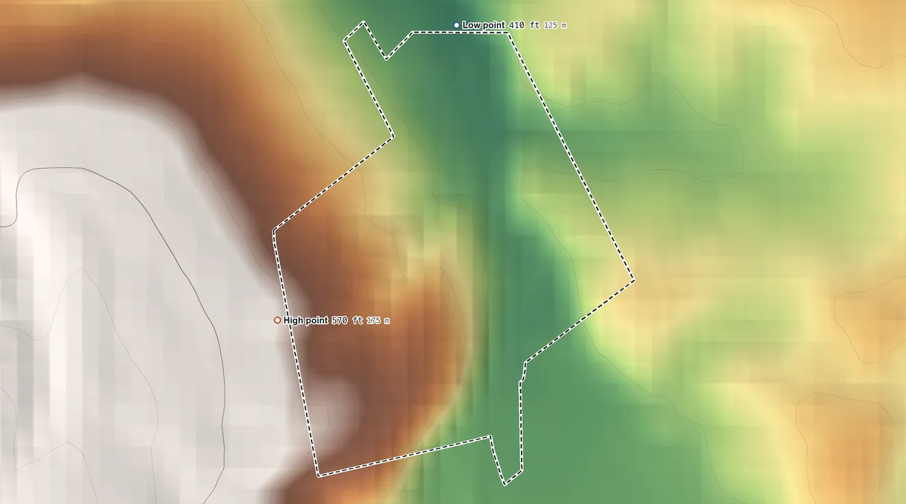 Topographic elevation map of Eakles Mill, Maryland, shaded from 410 ft on the north side to 570 ft on the west edge, below higher ground just outside