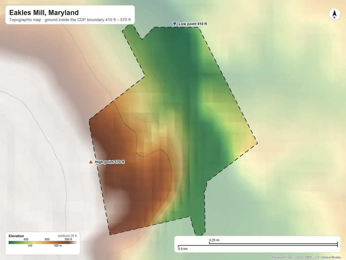 Topographic elevation map of Eakles Mill, Maryland, shaded from 410 ft on the north side to 570 ft on the west edge, below higher ground just outside