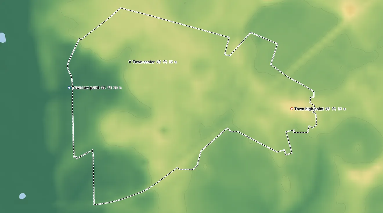 Topographic elevation map of East New Market, Maryland, shaded from 34 ft on the southwest side to 46 ft on the east side
