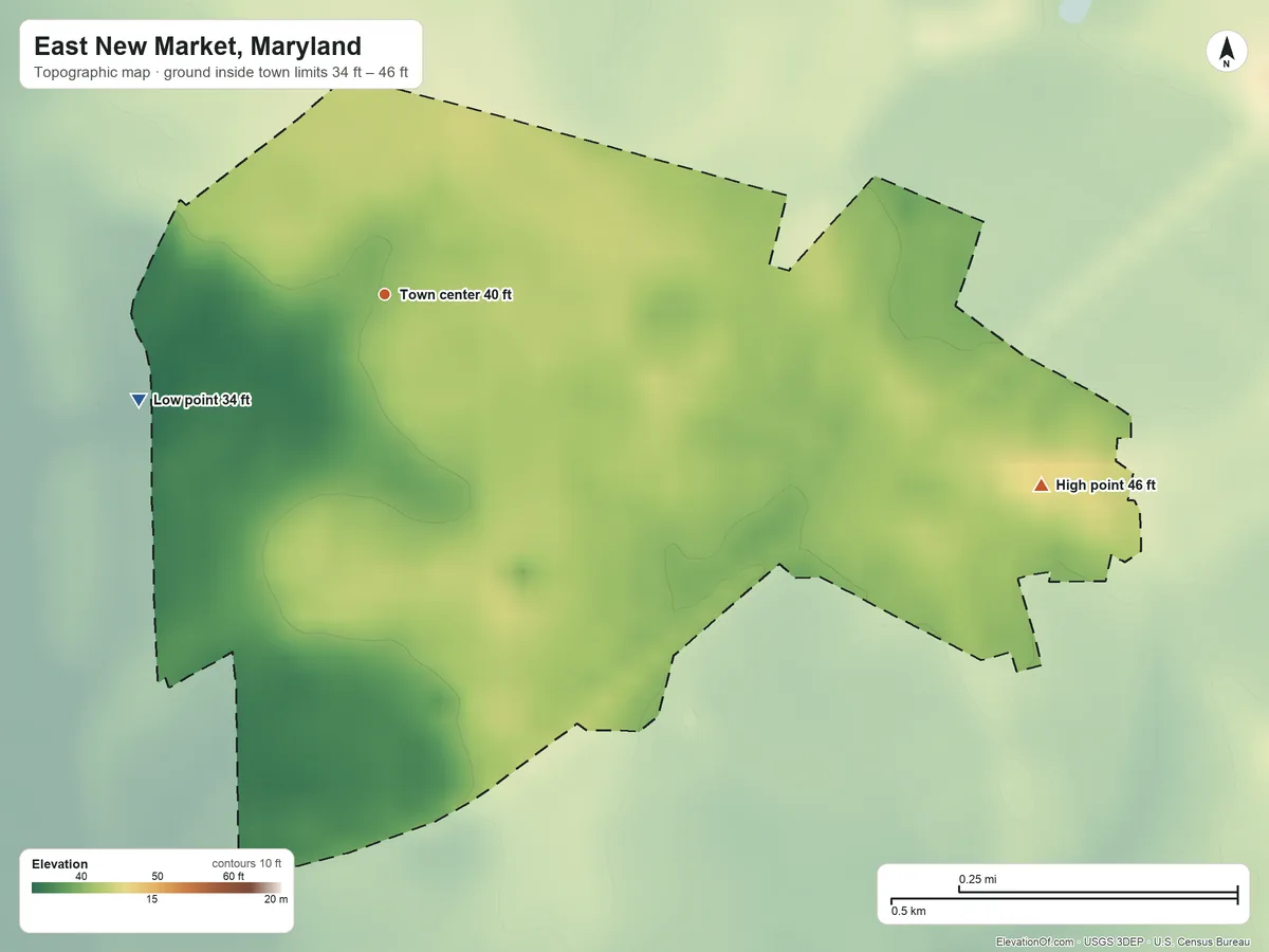 Topographic elevation map of East New Market, Maryland, shaded from 34 ft on the southwest side to 46 ft on the east side