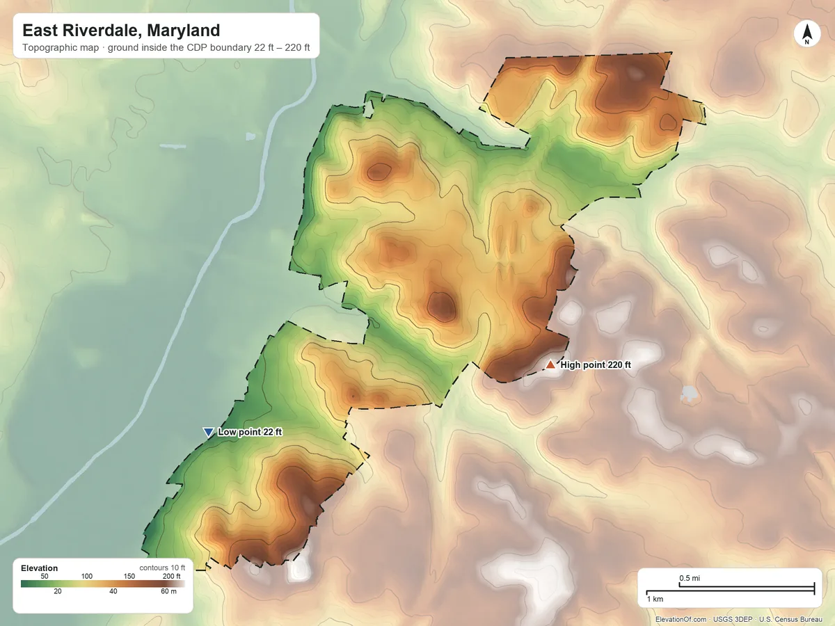 Topographic elevation map of East Riverdale, Maryland, shaded from 22 ft on the southwest side to 220 ft on the east side