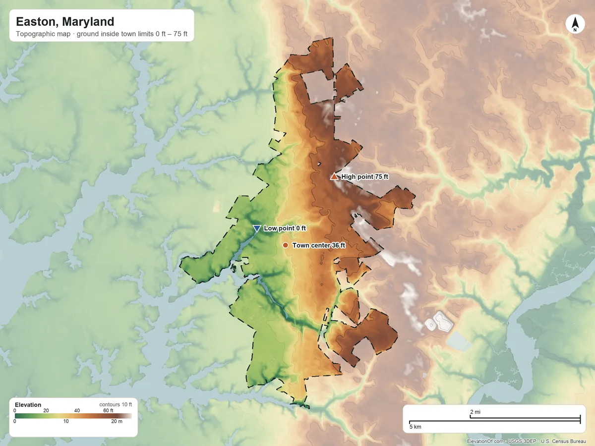 Topographic elevation map of Easton, Maryland, shaded from 0 ft near the middle to 75 ft on the northeast side