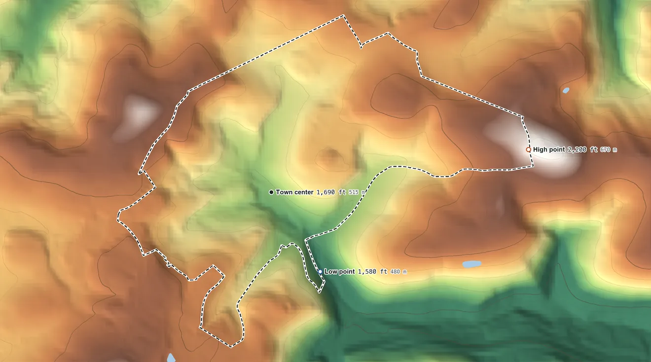 Topographic elevation map of Eckhart Mines, Maryland, shaded from 1,580 ft on the southeast side to 2,200 ft on the east side