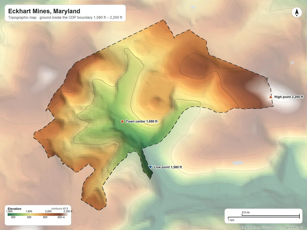Topographic elevation map of Eckhart Mines, Maryland, shaded from 1,580 ft on the southeast side to 2,200 ft on the east side