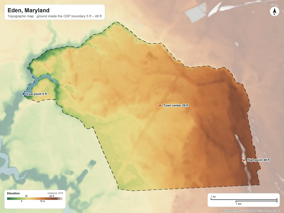Topographic elevation map of Eden, Maryland, shaded from 5 ft on the west side to 49 ft on the southeast side