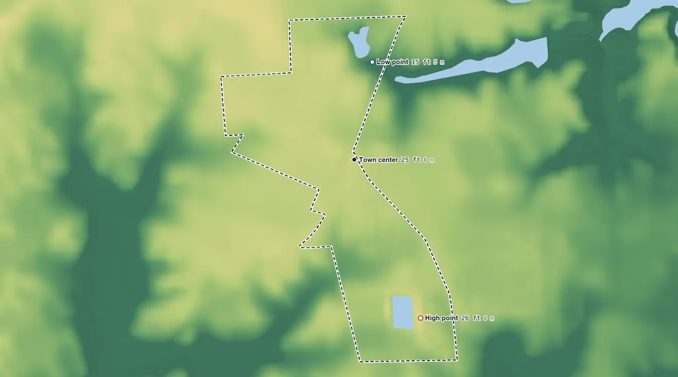 Topographic elevation map of Edesville, Maryland, shaded from 15 ft on the north side to 26 ft on the southeast side