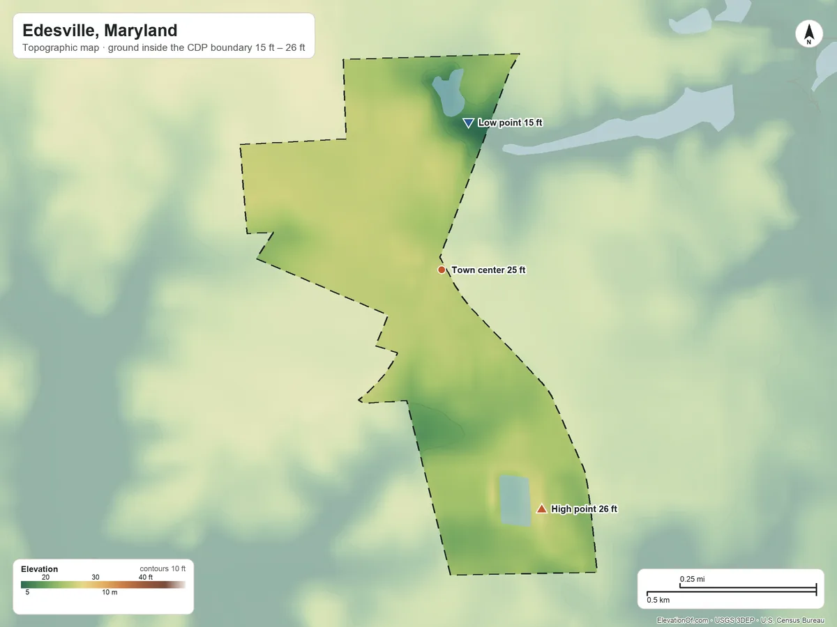 Topographic elevation map of Edesville, Maryland, shaded from 15 ft on the north side to 26 ft on the southeast side