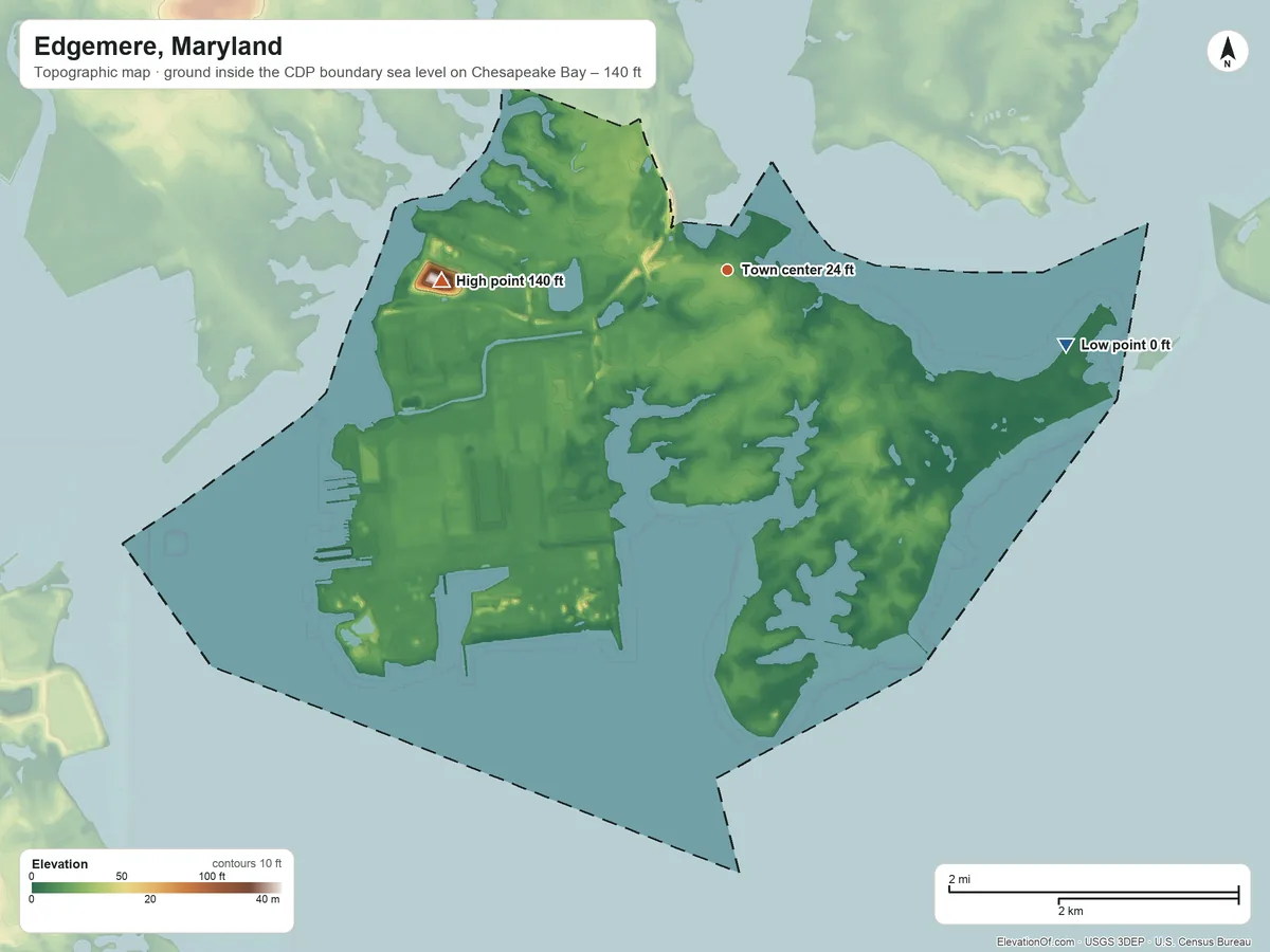 Topographic elevation map of Edgemere, Maryland, shaded from sea level level on Chesapeake Bay to 140 ft on the west side