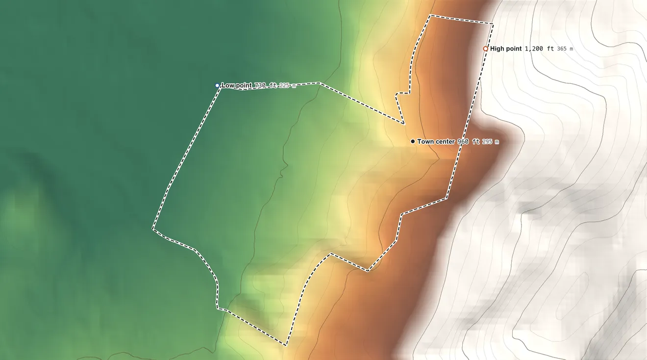 Topographic elevation map of Edgemont, Maryland, shaded from 730 ft on the west side to 1,200 ft on the northeast edge, below higher ground just outside