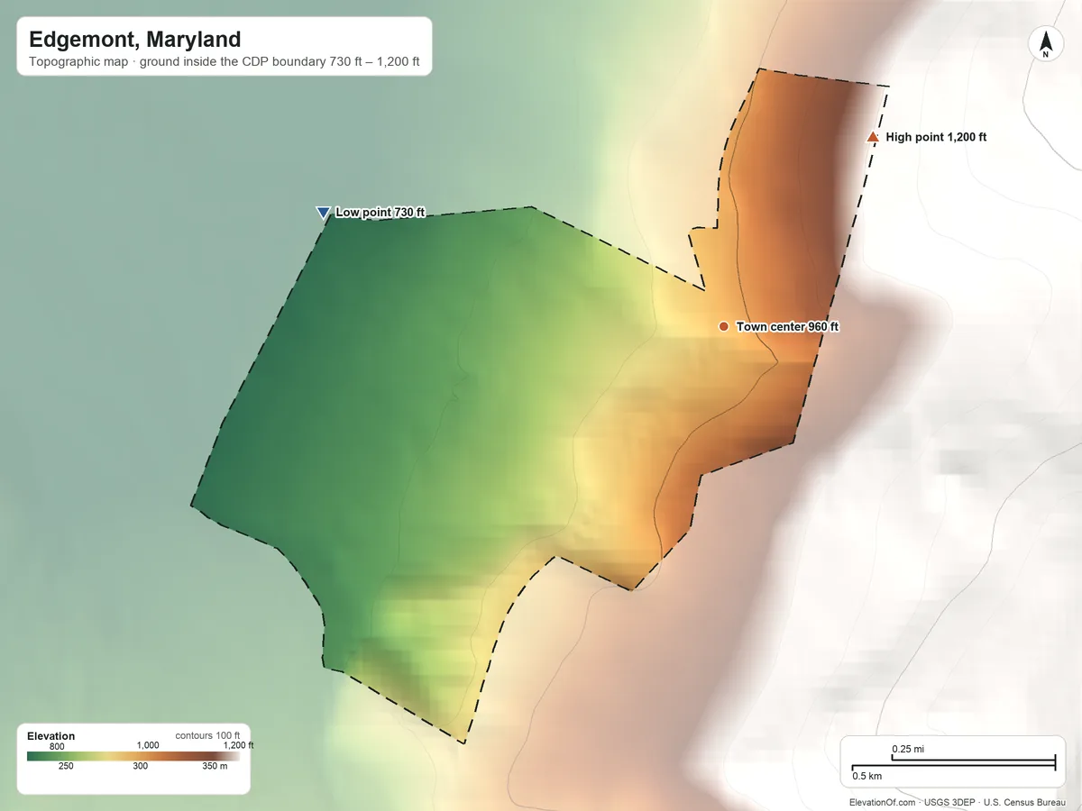 Topographic elevation map of Edgemont, Maryland, shaded from 730 ft on the west side to 1,200 ft on the northeast edge, below higher ground just outside