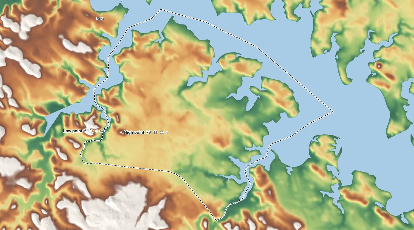 Topographic elevation map of Edgewater, Maryland, shaded from 0 ft on the west side to 70 ft on the west side