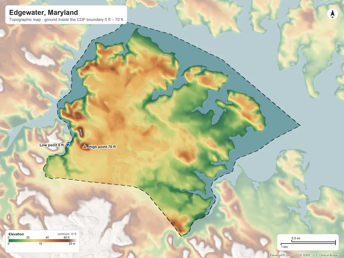 Topographic elevation map of Edgewater, Maryland, shaded from 0 ft on the west side to 70 ft on the west side