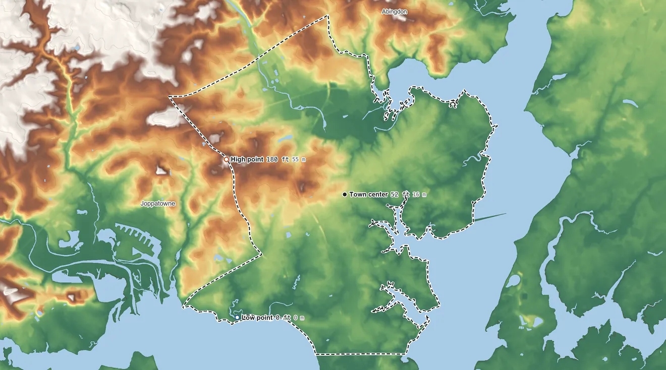 Topographic elevation map of Edgewood, Maryland, shaded from sea level level on Reardon Inlet to 180 ft on the west side
